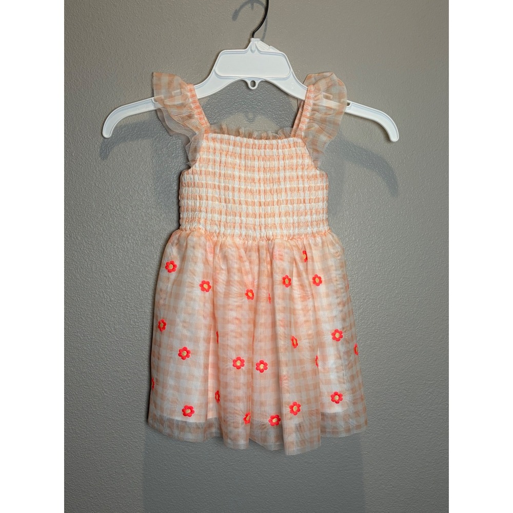 Cat & Jack Toddler Girls 2T Gingham Tulle Floral Smocked Dress Peach Red